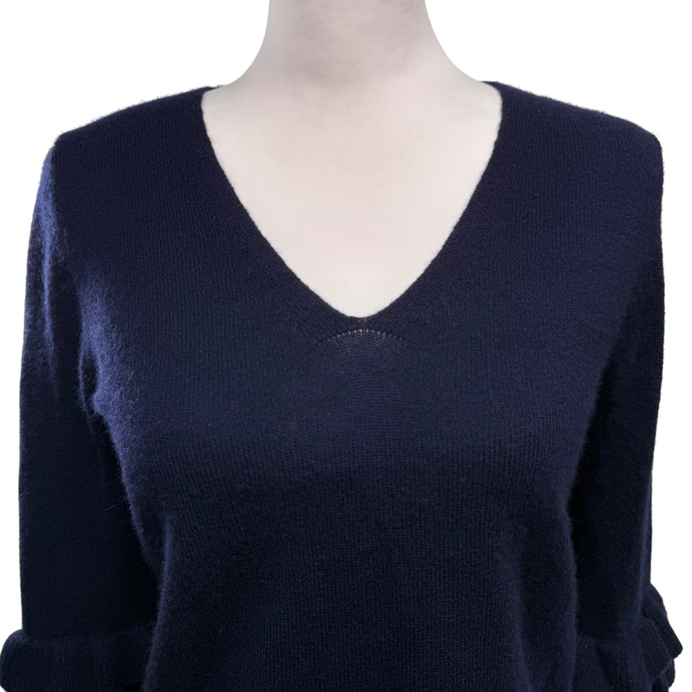 Margaret O'Leary Navy Blue 100% Cashmere Sweater XS V Neck Ruffle Sleeve Sweater - Picture 3 of 8